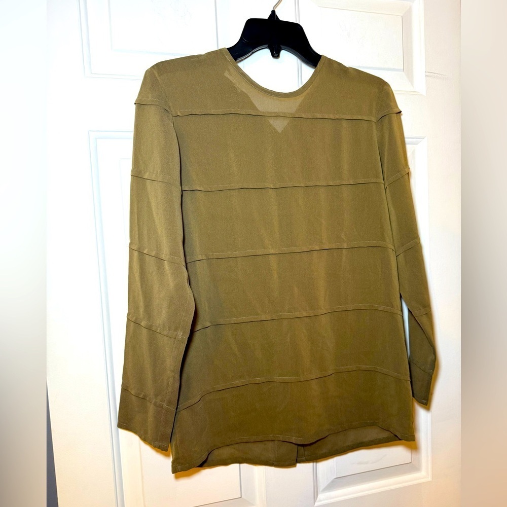 Cassini Woman Blouse Olive Green Pleated Long Sleeve Sheer 38 Medium Button Back